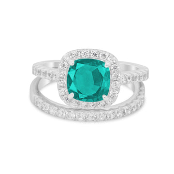 Two Piece Cushion Art Deco Wedding Ring Simulated Paraiba Tourmaline CZ 925 Sterling Silver